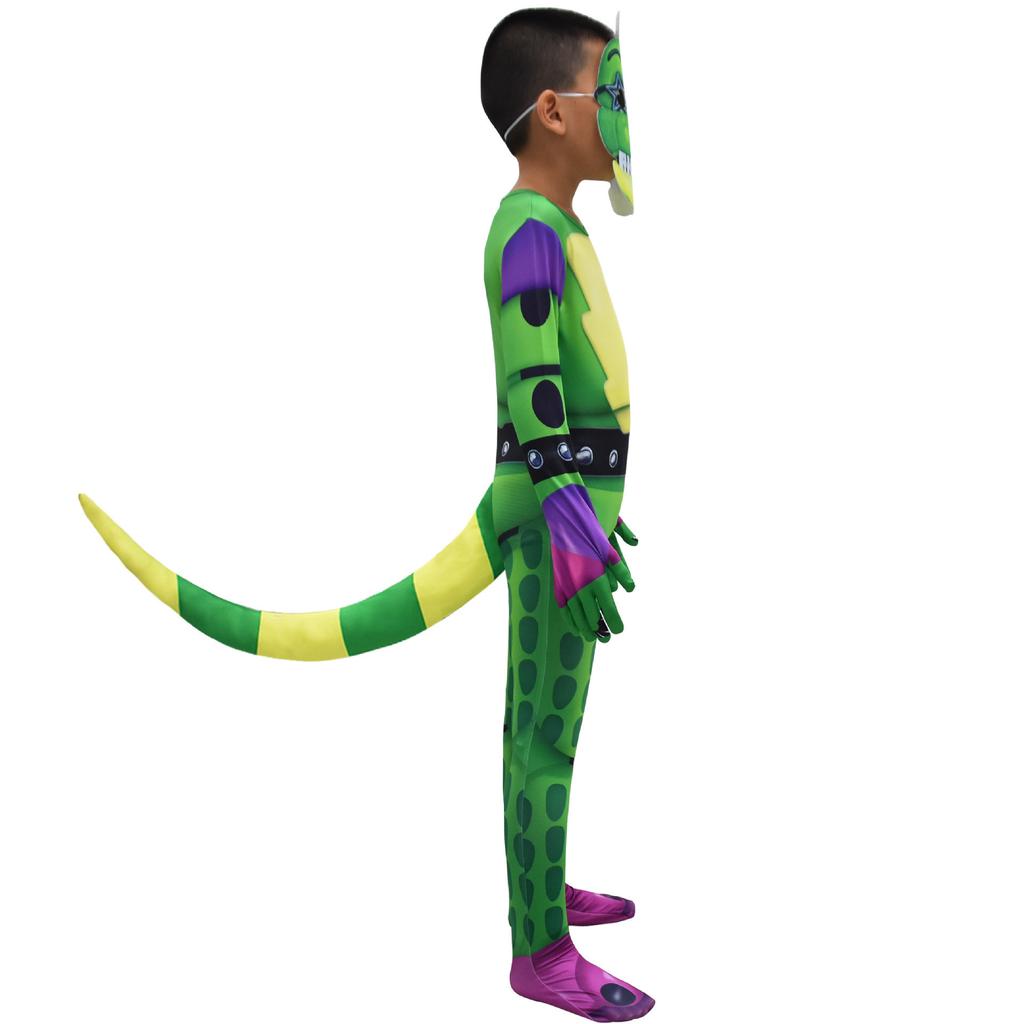 Boys Girls Fnaf Horror Bear Green Printed Jumpsuit Mask Tail Outfit for Kids Christmas Halloween Cosplay Dress Up Costume