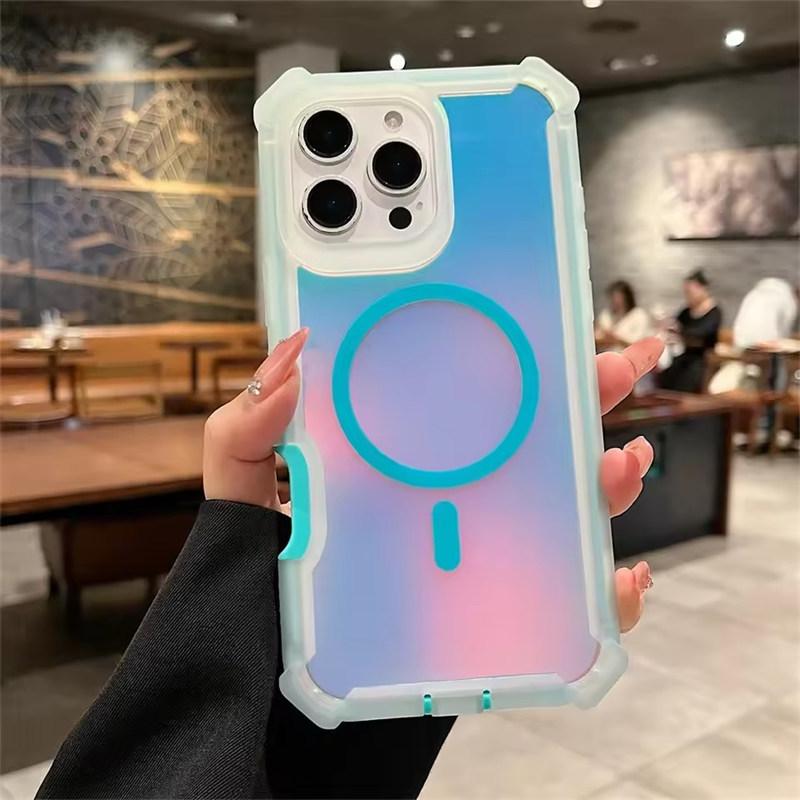 Luxury Magsafe Laser Dazzling Armor Case For iPhone 16 15 14 13 Pro Max Plus Samsung S22 23 24 25 Ultra Wireless Charging Dual Layer Protection Cover