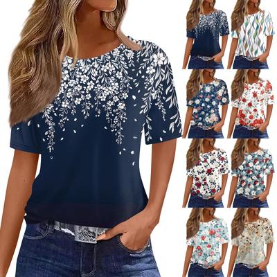 Women's Fashionable Casual Short Sleeve Print Round Neck Pullover Top