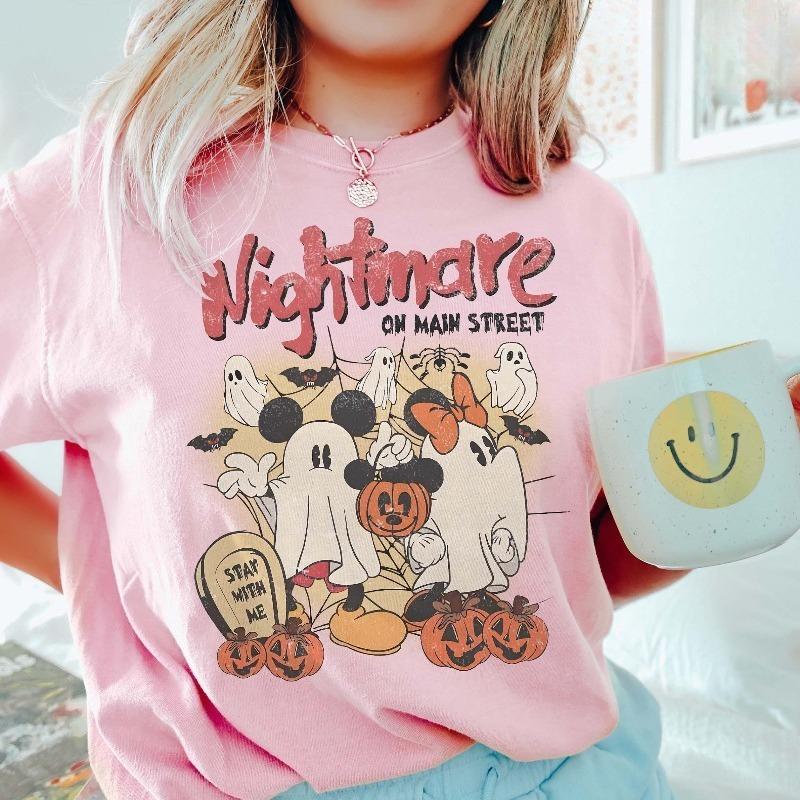 

2026 New Mickey Minnie Nightmare Print WoUnisex Fashion High Quality Cotton Relaxed Plus Size Comfortable Short Sleeve Top S