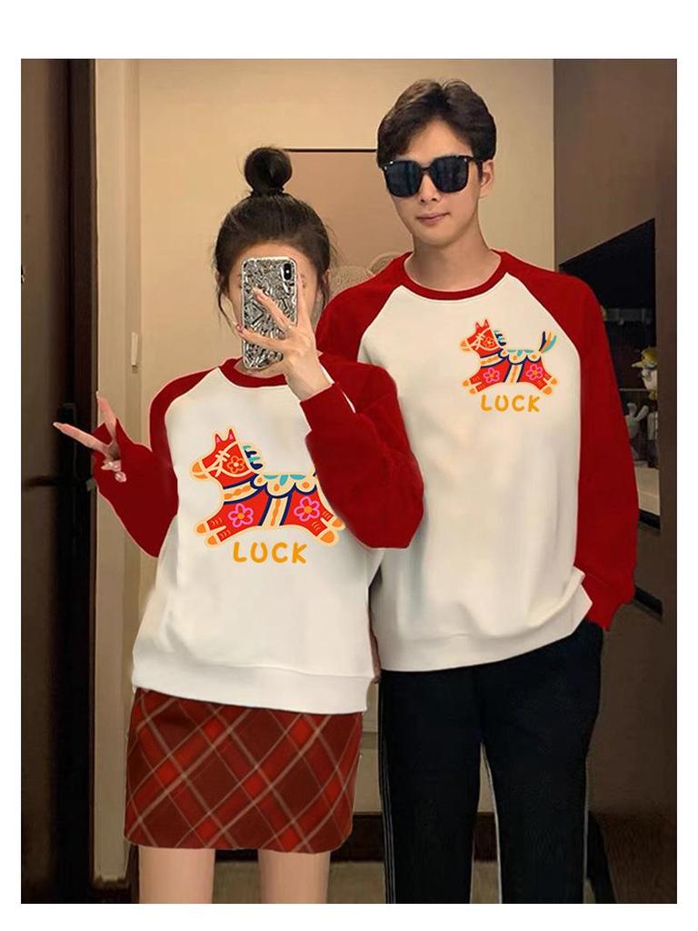 Family Matching Autumn/Winter Round Neck Sweatshirt - Red Festive New Year Print for Parent-Child Trio