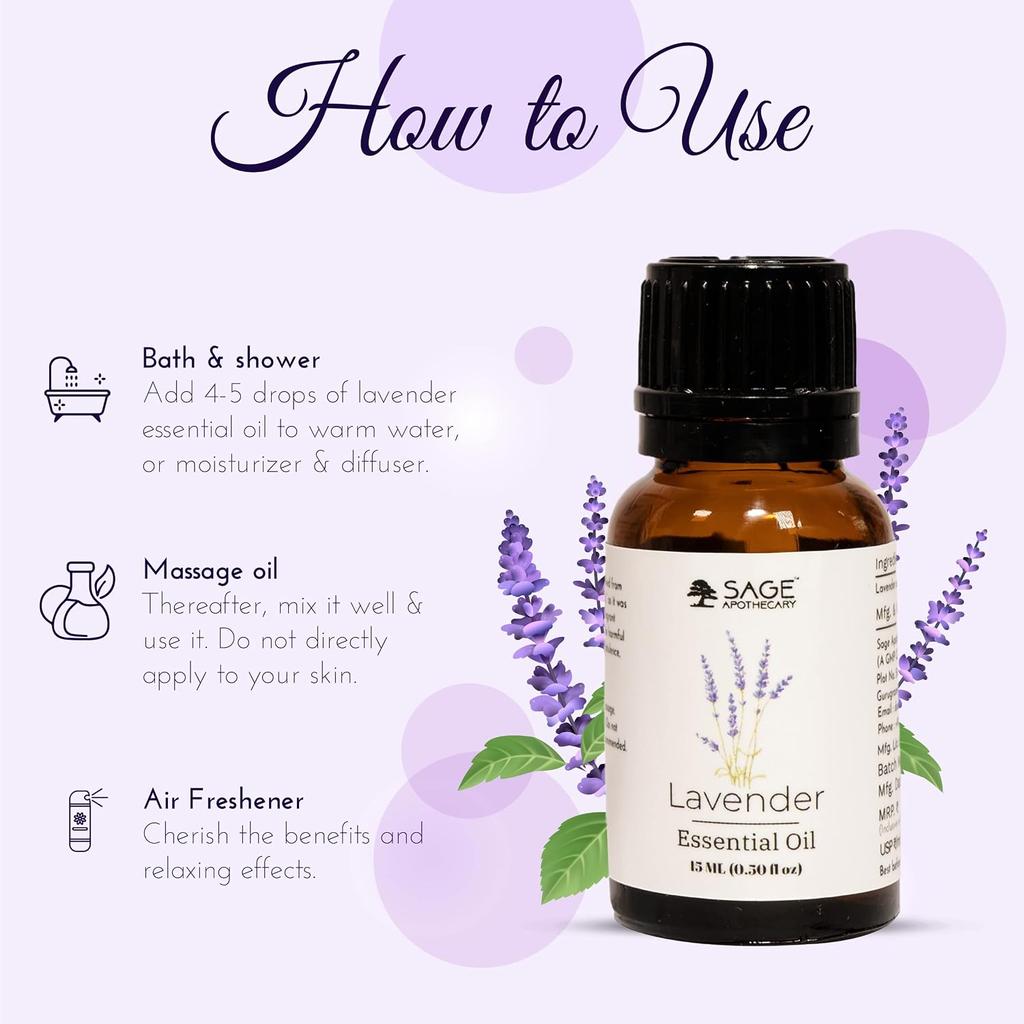 Sage Apothecary Lavender Essential Oil for Hair Growth, Skincare, Aromatherapy - 15 Ml