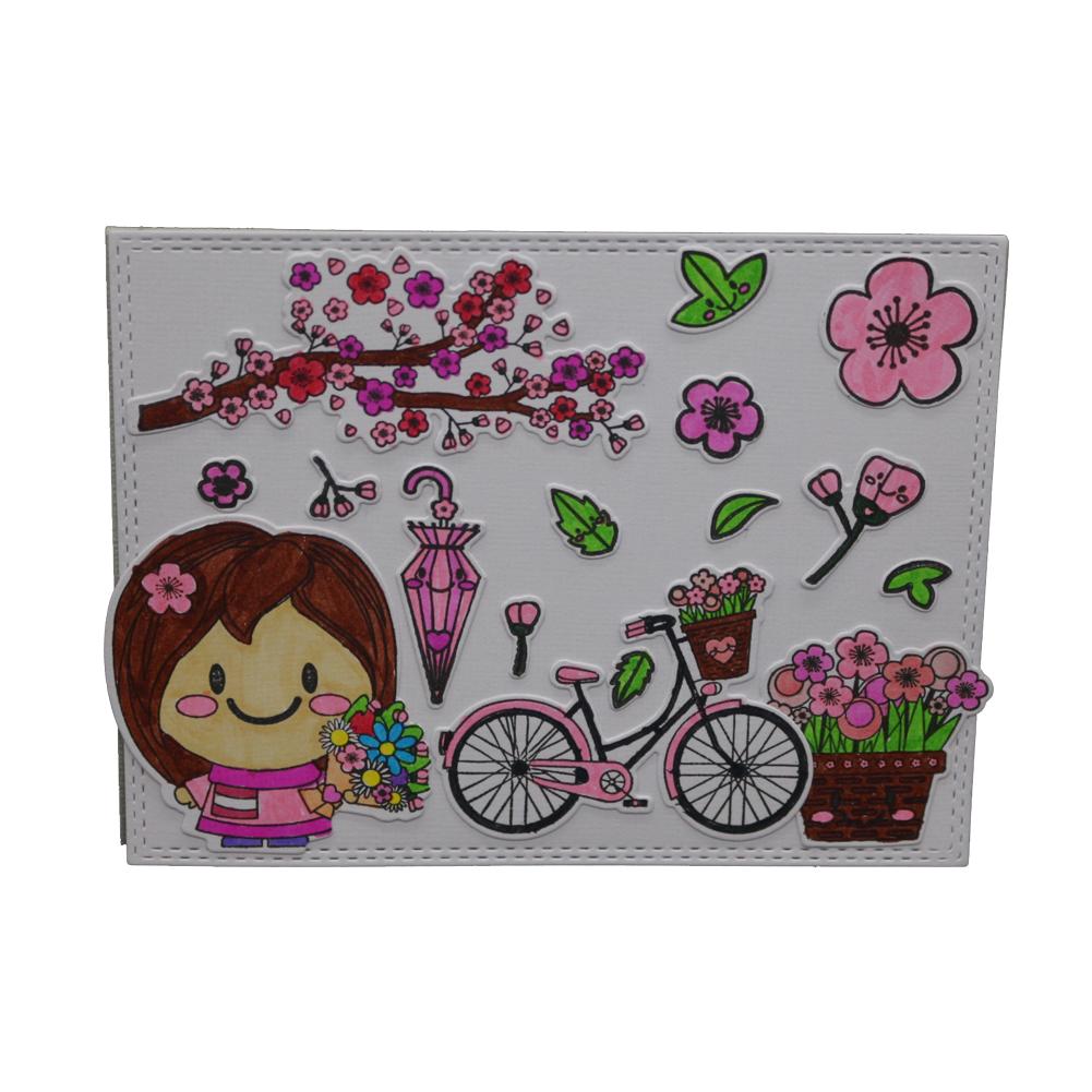 Little Girl Flower Bicycle Frame Metal Silvery Stencil Embossing Cutting Dies For Diy Scrapbooking Paper Album Cards Making