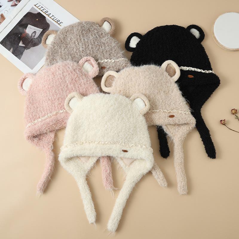 Women's Bear Ear Thermal Hat Autumn and Winter New Cold Hat Fleece Thickened Ear Protection Hat