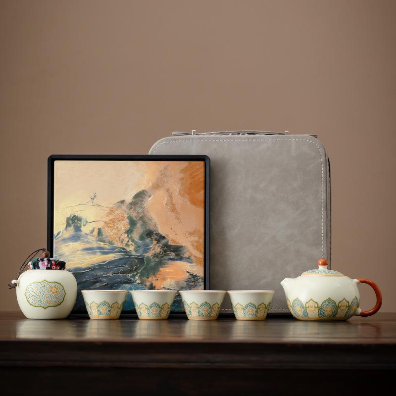 Jinsi Bamboo Ru Kiln Camping Kung Fu Tea Set Small Set Storage Bag Anti-scalding Ceramic Teacup Portable Tea Set