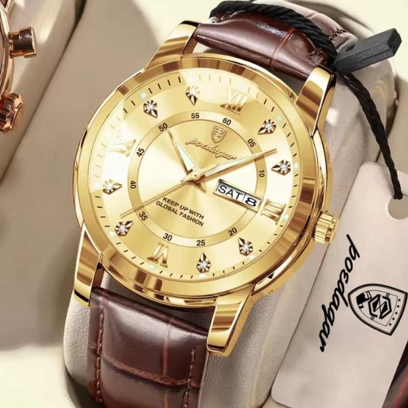 POEDAGAR Luxury Business Male Clock Date Week Waterproof Luminous Gold Wristwatch Casual Fashion Quartz Watches Reloj