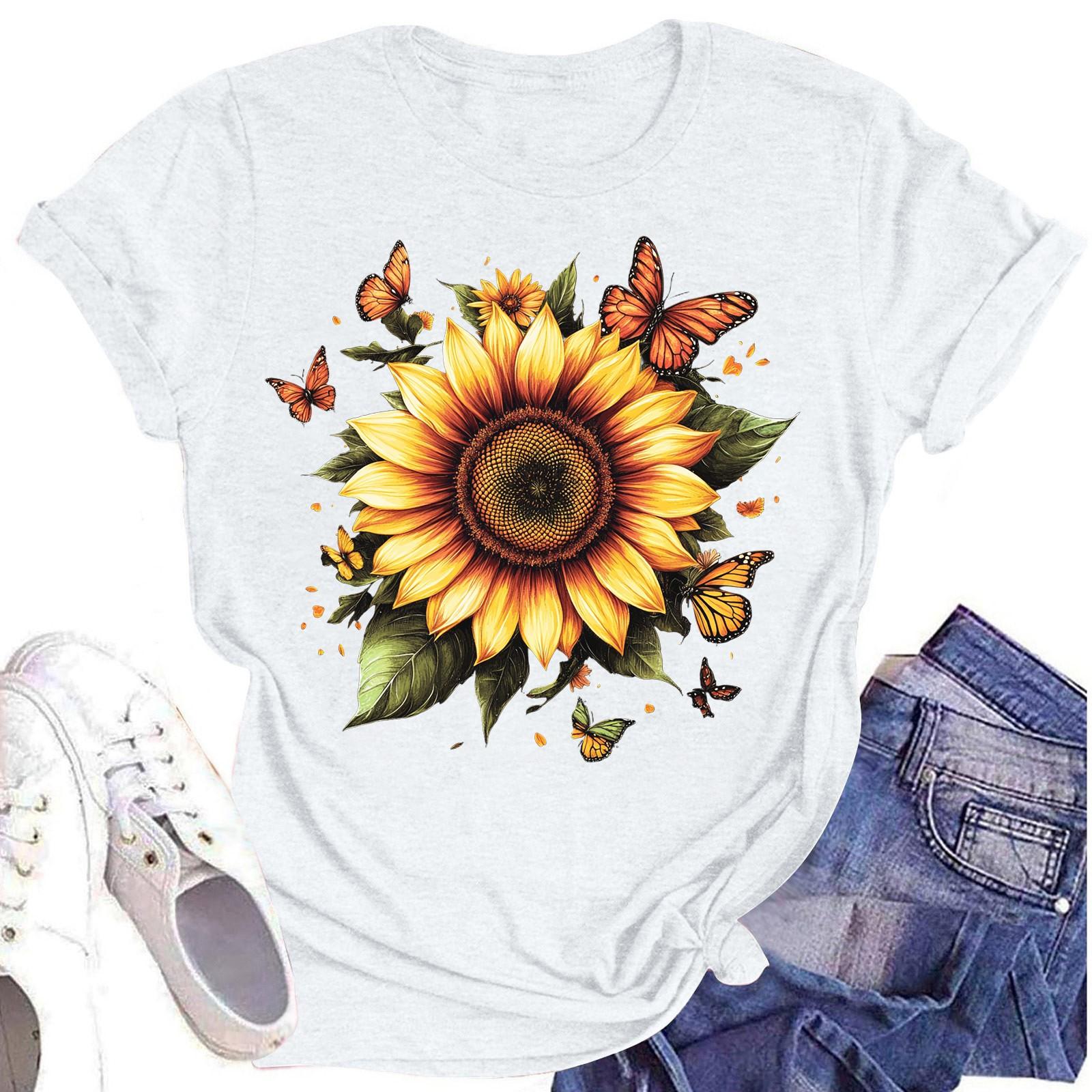 

Женская повседневная футболка с круглым вырезом и цветочным принтом, короткий рукав XL белый