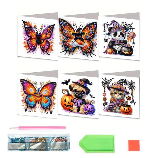 6 Pcs DIY Rhinestone Art Painting Cards Christmas Greeting Card Making Kit with Envelopes 5D Snowman Cat Deer Rhinestone