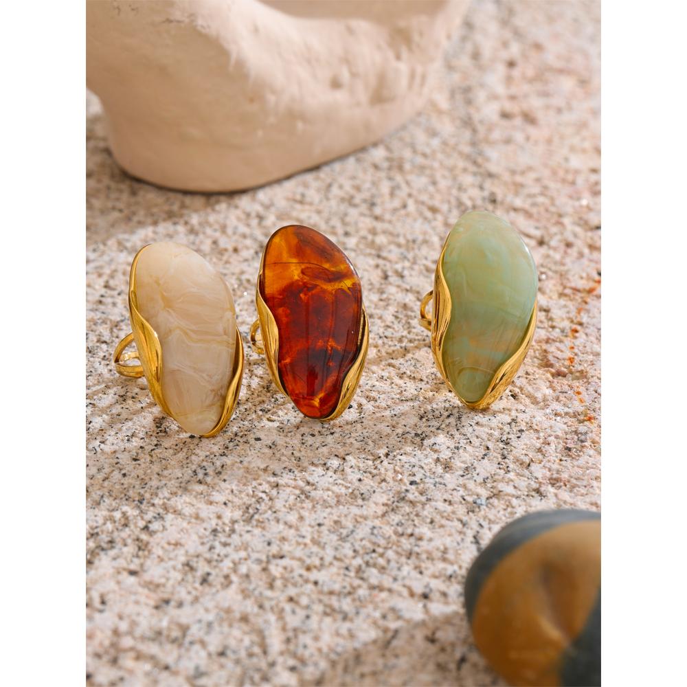 Yhpup Nuevo Diseño Marrón Verde Beige Resina Geométrica Anillo Ajustable Acero Inoxidable PVD Dorado Resistente a la Corrosión Joyería para Dedos Regalo