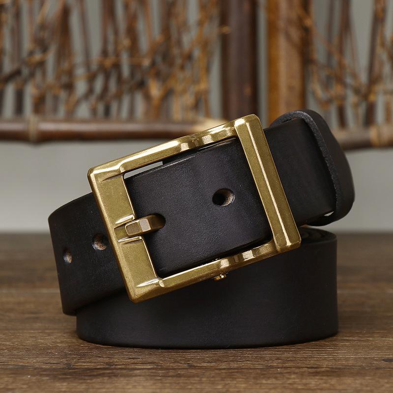 Men's Leather Belt Thickening Bolding Vegetable Tanned Full-Grain Leather Cowhide Brass Buckle Retro Genuine Leather Fashion