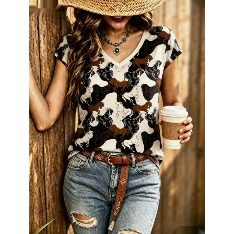 Womens V-Neck Short Sleeve Loose T-Shirt With Colorful Polka Dot Print Casual Oversized Top Daily Wear