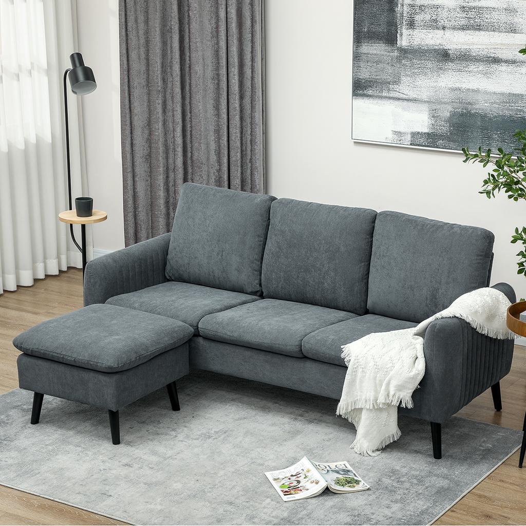 Divano angolare, Divano a 3 posti con poggiapiedi, Rivestimento in tessuto, Set divano angolare a L, Grigio scuro