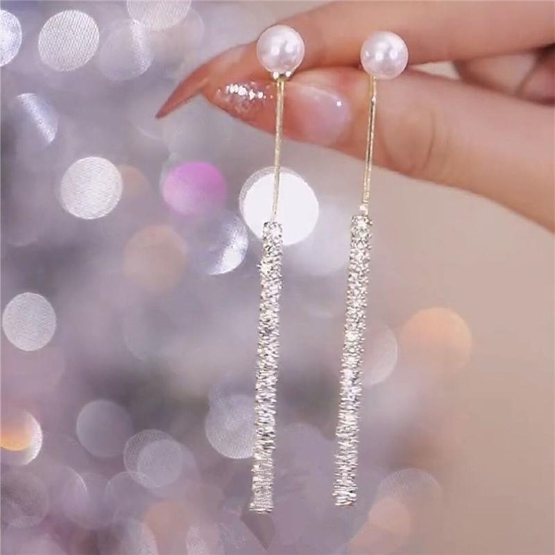 Korean Long Tassel Pearl Dangle Earrings For Women Luxury Full Rhinestone Gold Color Drop Earrings Wedding Party Jewelry Gift