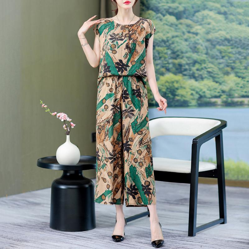 Plus Size Summer Pants Sets for Women Elegant Loose Vintage Print 2 Piece Outifts