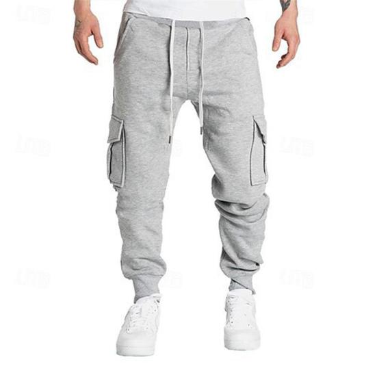 Men Cargo Pants Mid-rise Adjustable Waist Drawstring Casual Trousers with Reinforced