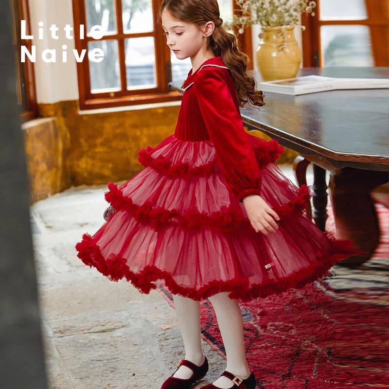 Little Naive Girls Autumn Velvet Patchwork Tulle Cake Dress 170