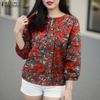 ZANZEA Damska luźna bluzka z okrągłym dekoltem i rękawami 3/4 w kwiaty