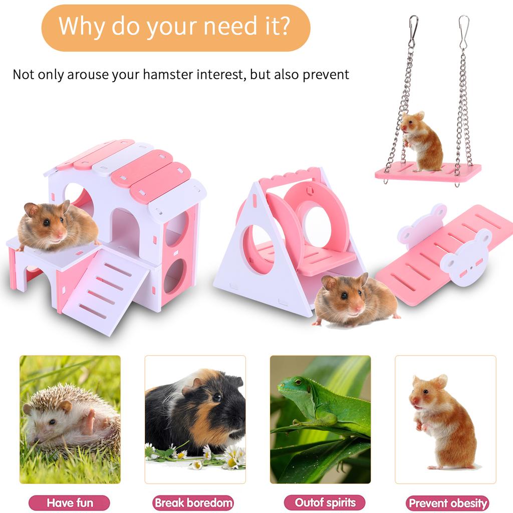 4Pieces Pink Exercise Wooden Hamster House Hamster Toys Set Hamster Toys Hamster Cage