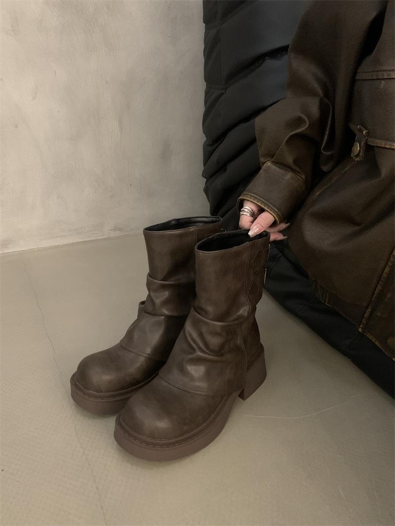 

Round head thick medium and short boots women s fashion versatile Martin boots belt buckle trendy cool single boots western boots 40 хаки