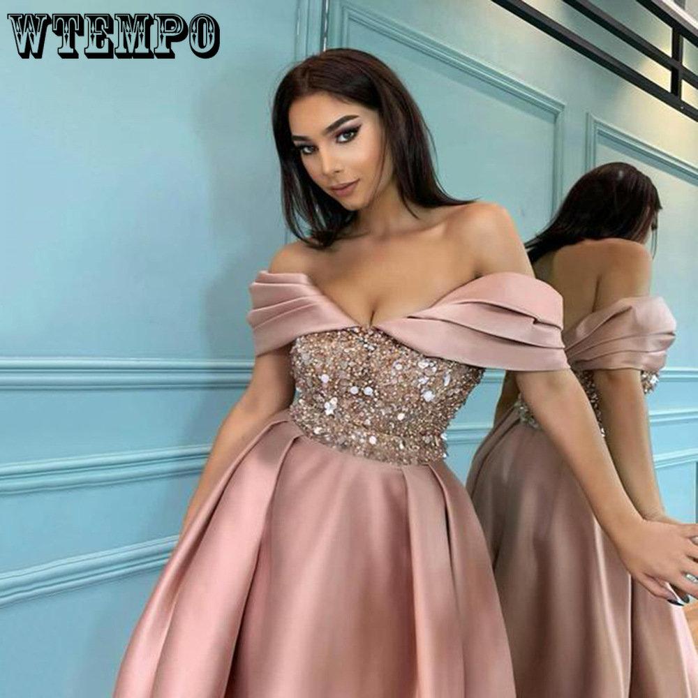 Damen Rosa Mittellanges Kleid Pailletten Schulterfrei Bankett Abendkleider mit Pailletten Schlichte Pracht Kleider