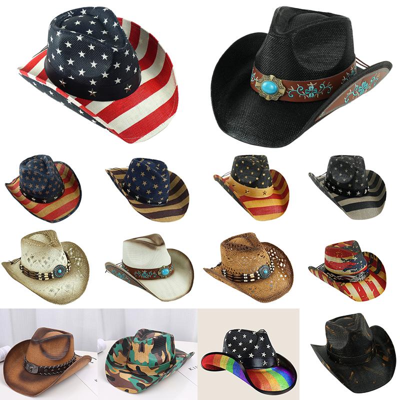 Zealous Sole Women's Outdoor New Classic American Flag Western Cowboy Hats Summer Sun Blocking Travel Cap Men Wide Brim Beach Party Fishing Hat 56Cm