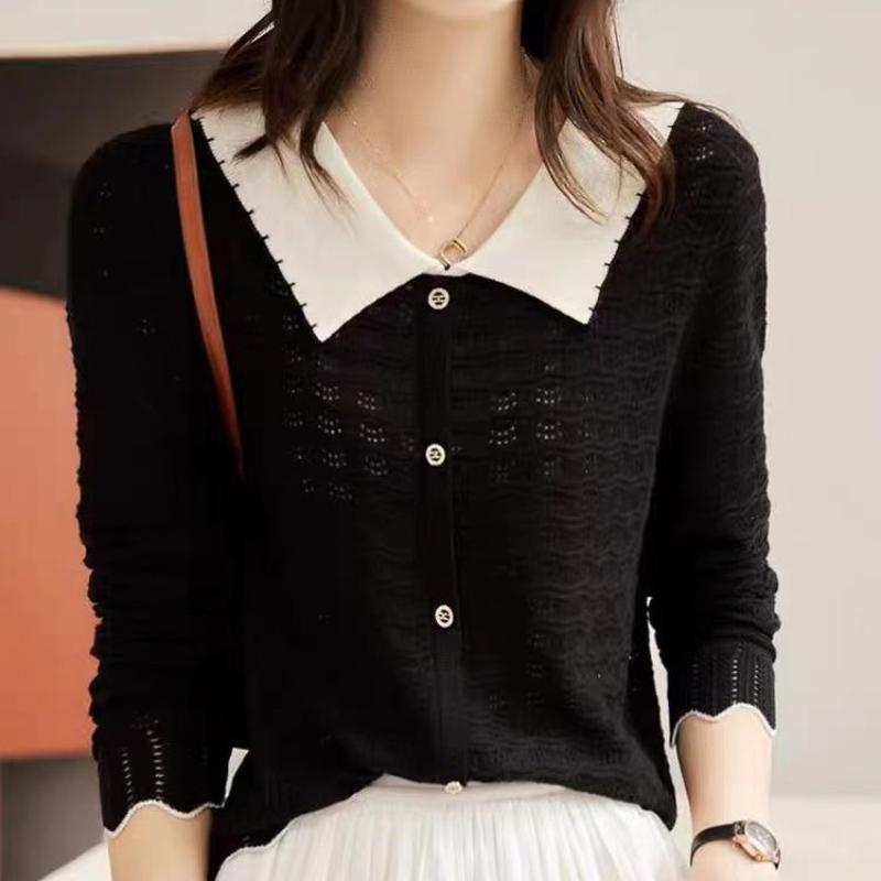 

Контрастная базовая рубашка с воротничком для девочки, осенний женский тонкий трикотажный топ с длинными рукавами 2XL чёрный