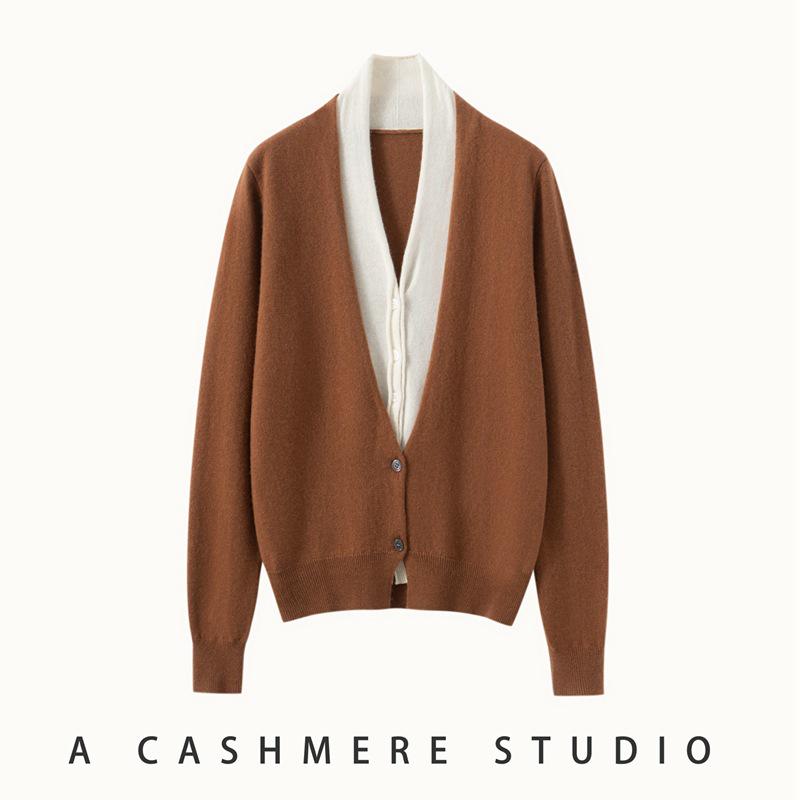 Cashmere Women's V-neck Two-tone Faux Layered Knit Sweater Cardigan for Autumn/Winter 2025