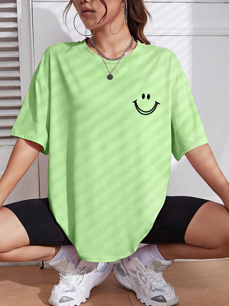 Happy Expression Printed Womens Cotton Short Sleeve Street Hip Hop Tee Clothing Allmath Breathable Tops Crewneck Woman TShirts