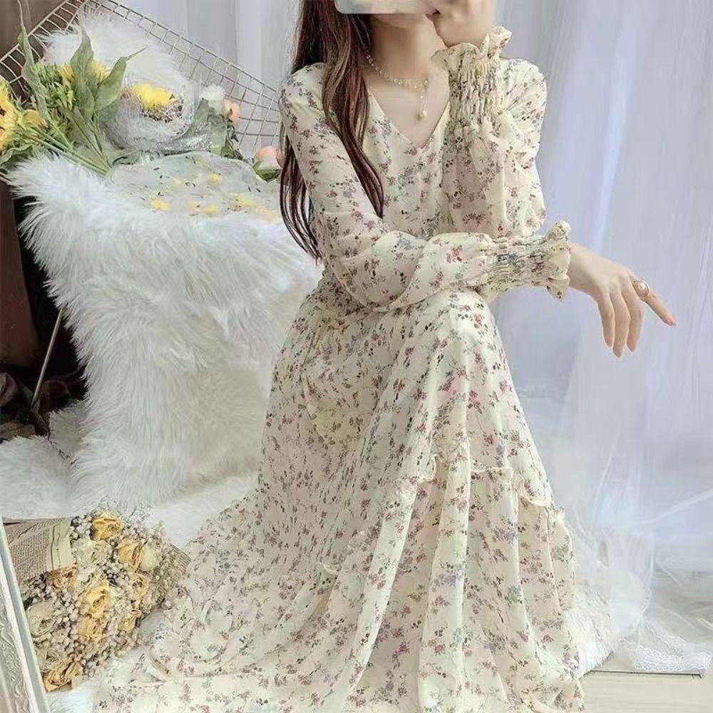Aesthetic Flower Printing Dress Vintage V-neck Collar Dress Bohemian Chiffon Dress Formal Occasion