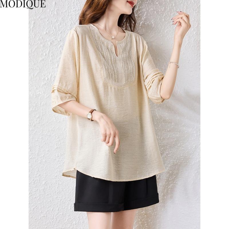 MODIQUE Spring Summer Plus Size New Women Loose Vintage Solid Blouse Shirts Female Casual Oversize Short Sleeve V-Neck Top Office Lady