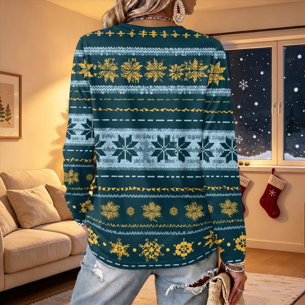 Women's V-Neck Long Sleeve Christmas Print Lightweight Blouse for Spring Summer