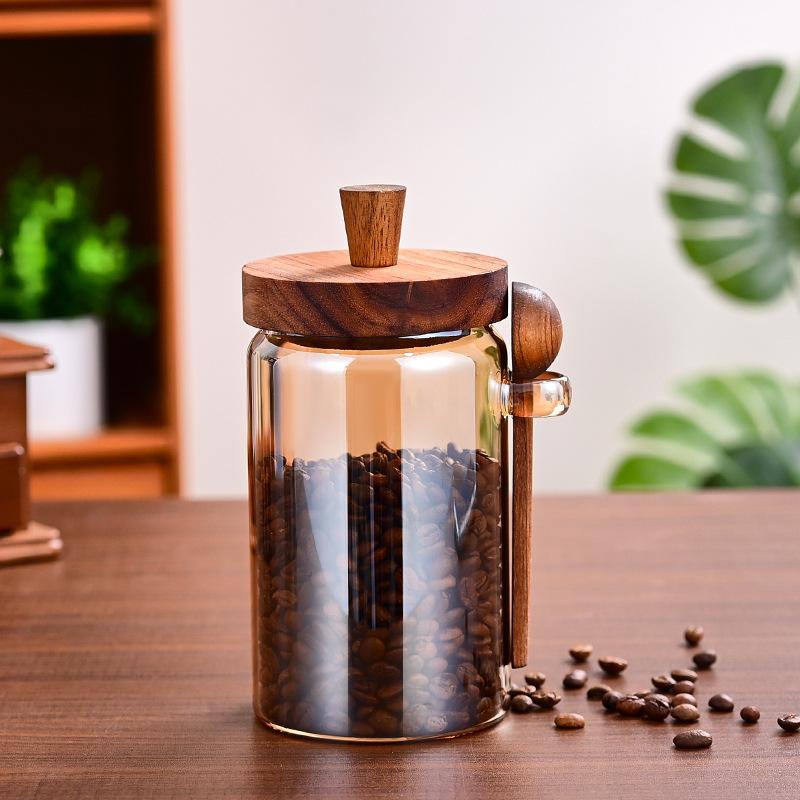 Creative Amber Coffee Bean Tea Storage Jar with Spoon Sealed Jar High Borosilicate Glass Sealed Bottle Wooden Lid Food Container