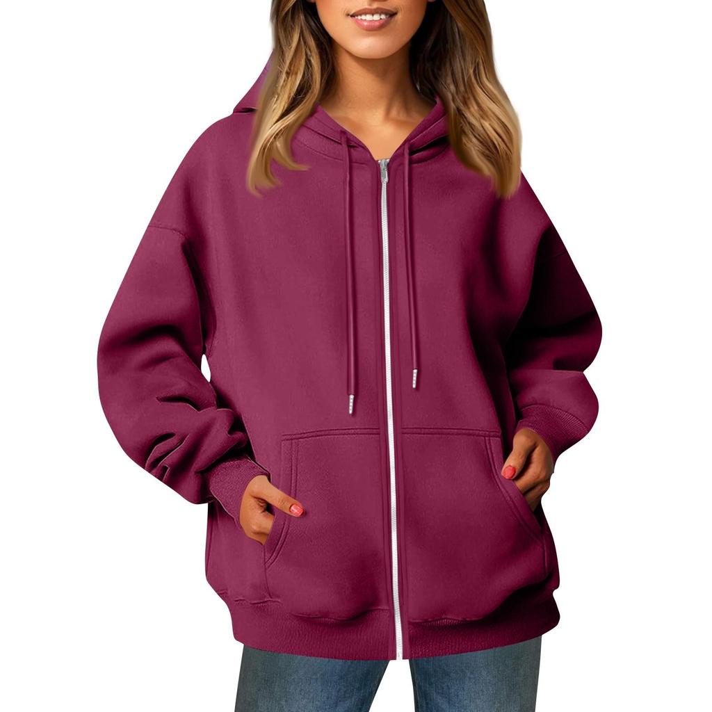 Damen Casual Fashion Solid Color Langarm Tasche Reißverschluss Kapuze Kordelzug Sweatshirt Jacke