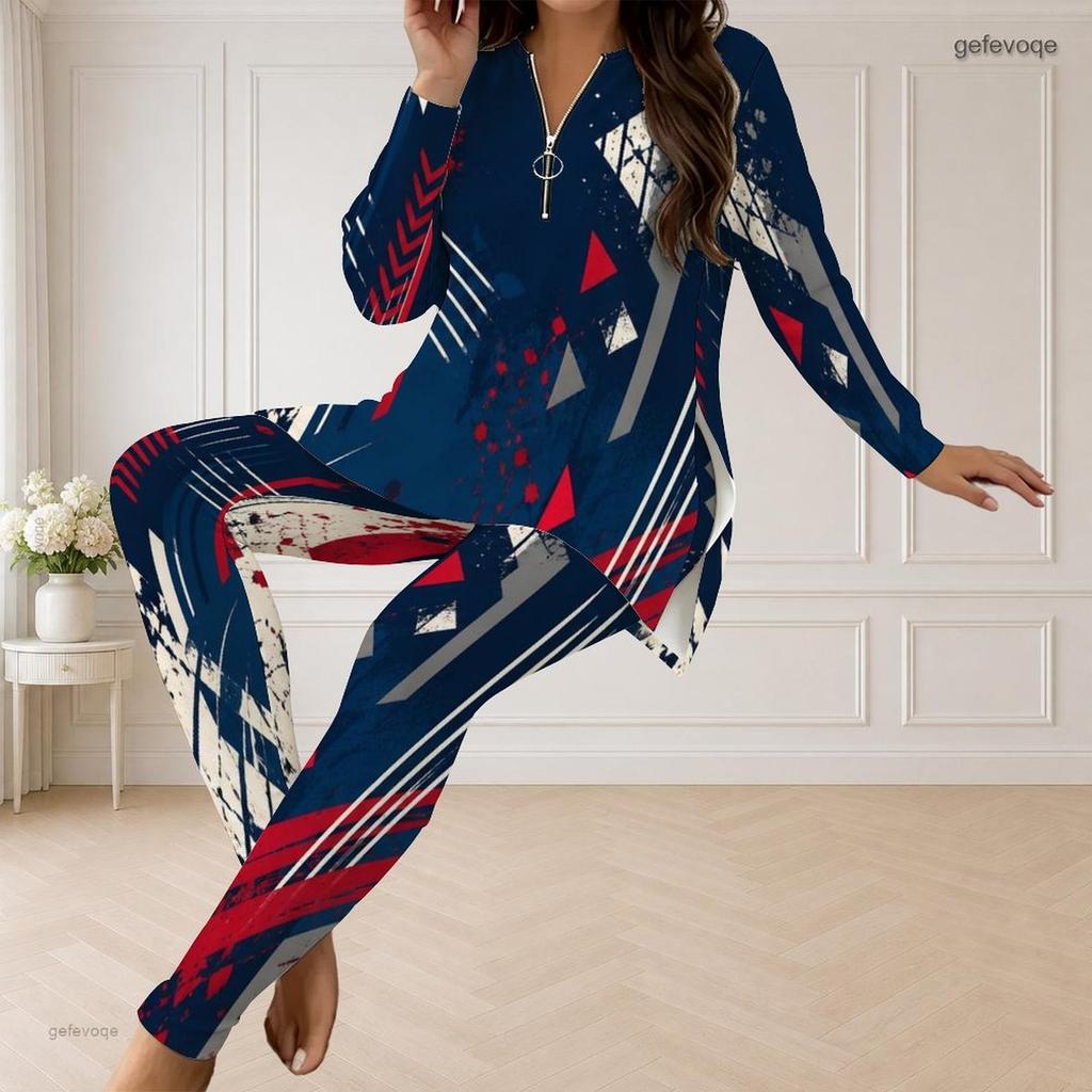 Women Plus Size Printed Two Piece Set Half Zip Long Sleeve Longline Top Fitted Long Pants