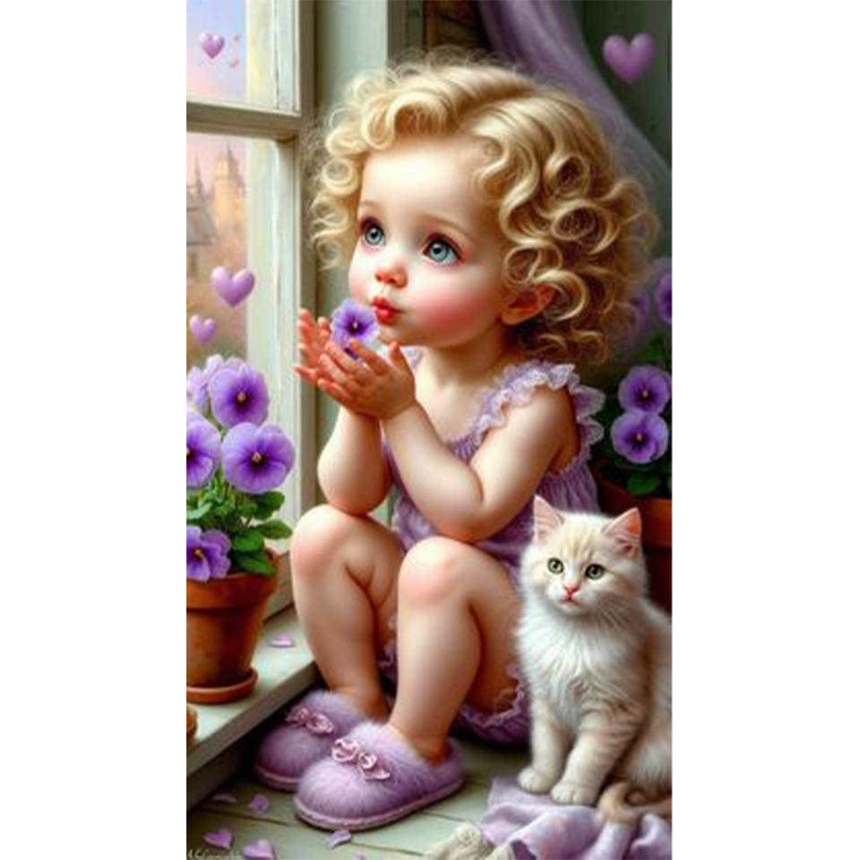 

Новая 2025 Вышивка крестом Девочка и животное Кот 5D DIY Алмазная мозаика Набор для вышивания стразами Домашнее украшение стен Подарок Round 40x50cm