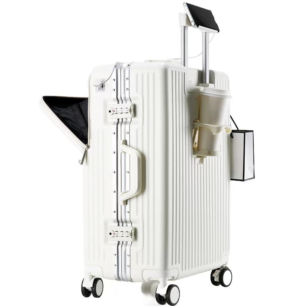 Universal Aluminum Frame Trolley Suitcase with Front Opening and Large Capacity for Women and Men
