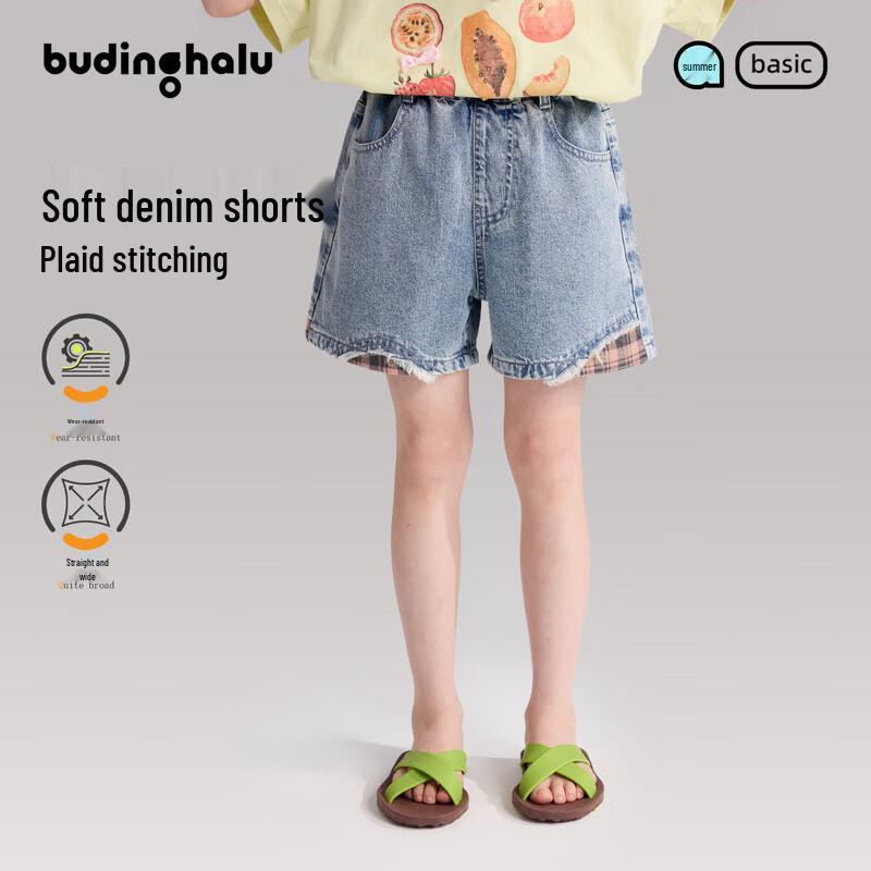 Pudding Haru Girls  Plaid Patchwork Denim Shorts 140