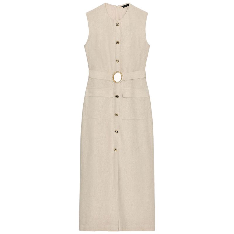 Zaprha 2025 New Arrival Linen Blend Buckle Decoration Midi Skirt Sleeveless Dress Waist Slim Looking 3721939