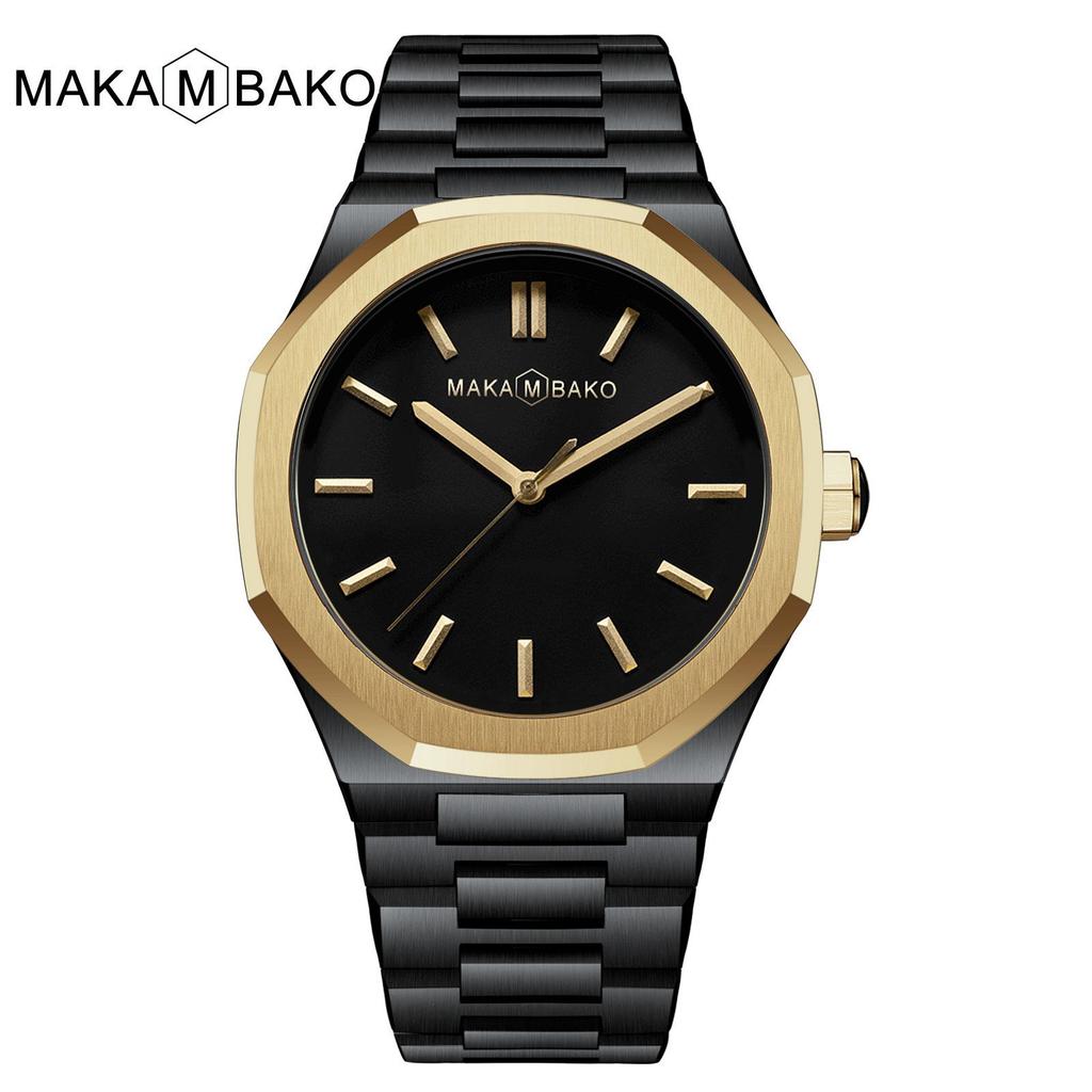 Hannah Martin Black Waterproof Watch with Japanese Miyota Movement and Polygonal Stainless Steel Bracelet.