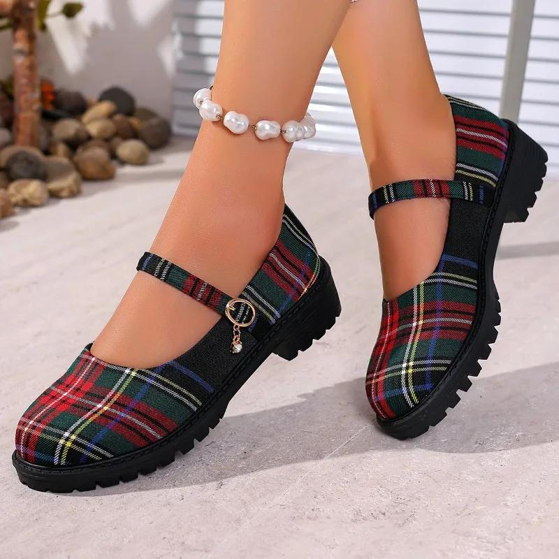 Damen Sneaker Frühling Damen Runde Zehenpartie Student Lolita Schuhe Bequeme High Heels Sneaker Damen Plateau Karomuster Mary Jane Schuhe