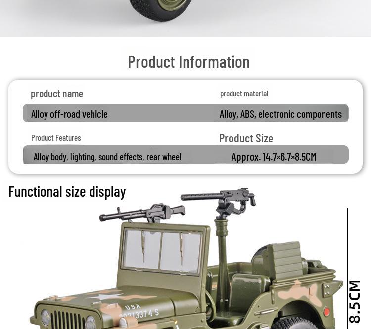 1:32 Willys Off-Road Military Alloy Model WWII Series with Lights, Sound & Opening Hood
