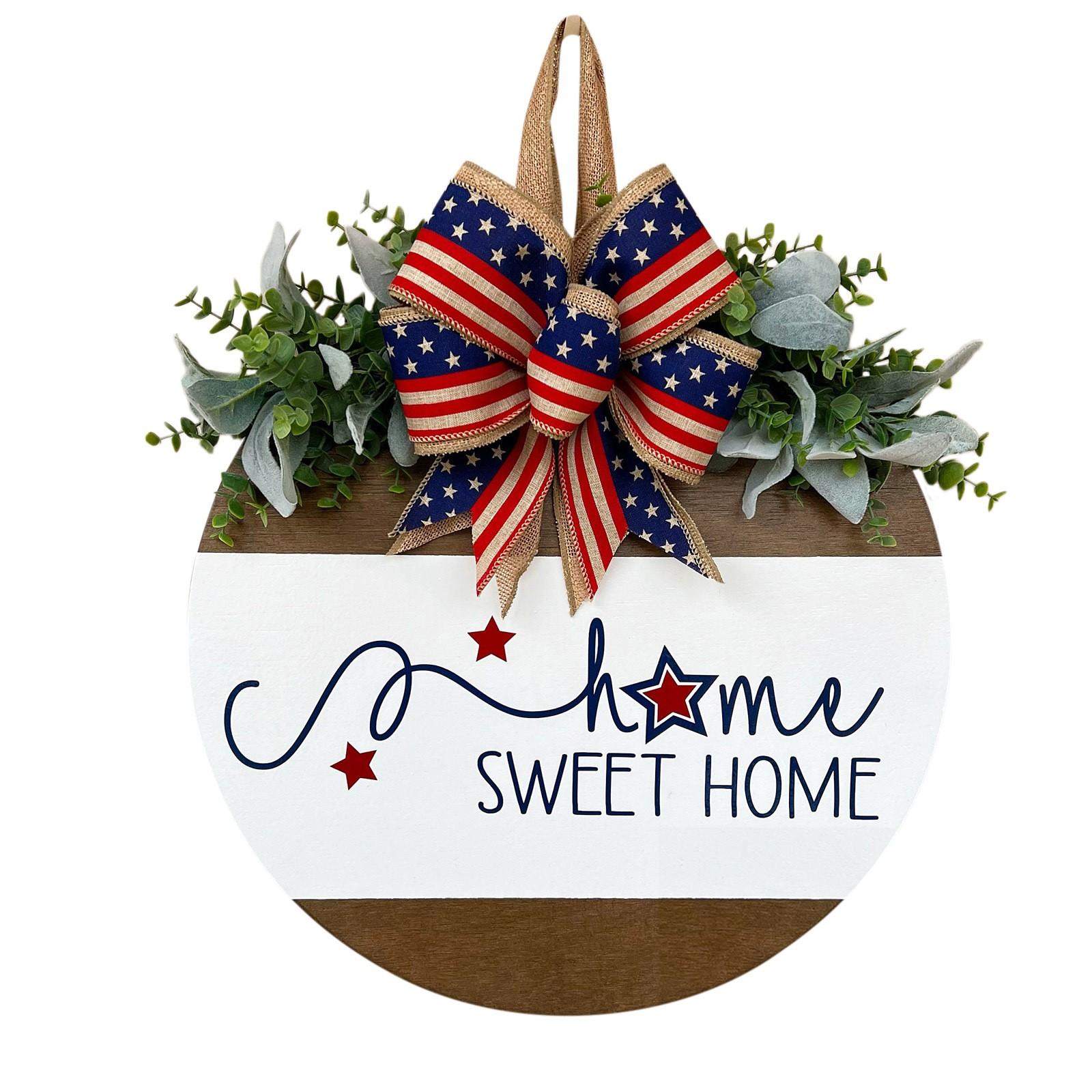 Independence Day Welcome Sign Wooden Plaque Decoration Memorial Day Round Wooden Patriotic Wreath Wall Hanging Outdoor