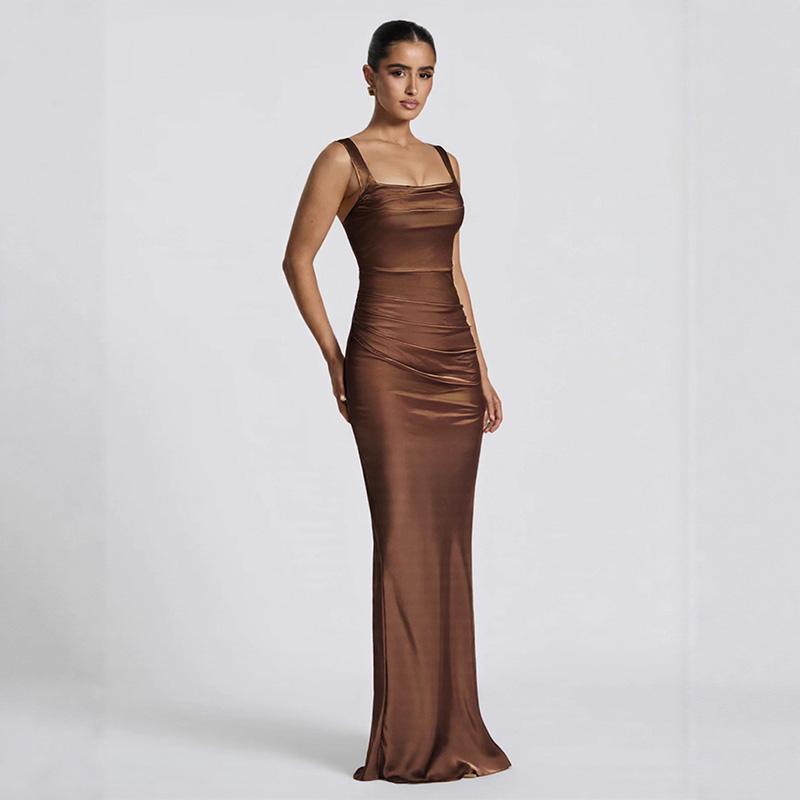 Women’s Satin Maxi Dress – Spaghetti Strap Cami Gown with Side Ruched Detail, Sleeveless Formal Evening Dress for Party Prom & Wedding Guest