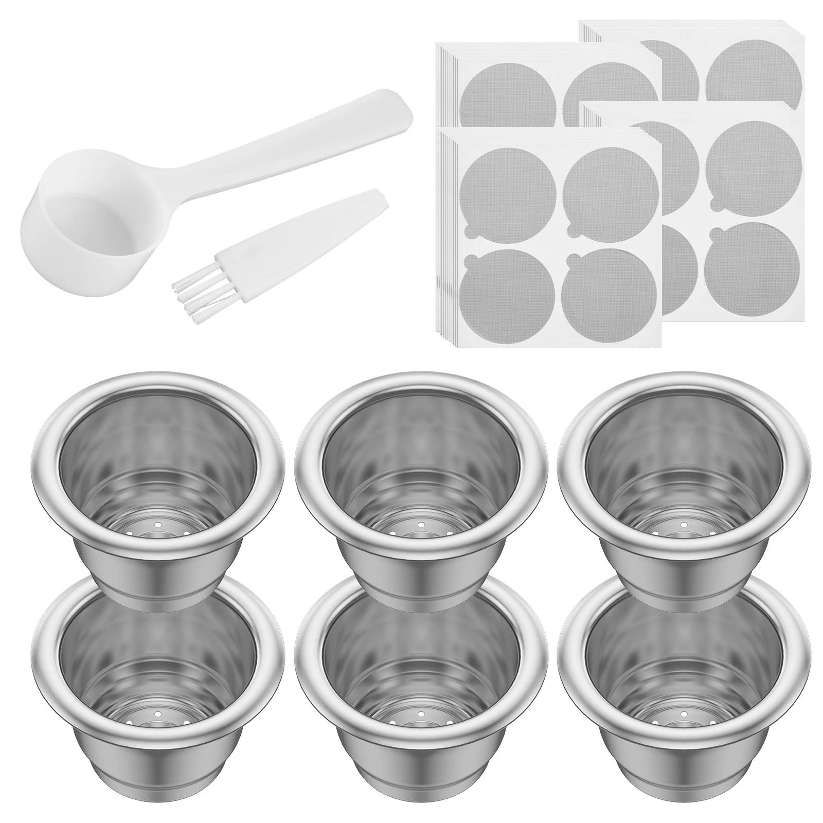 

6Pcs Nespresso Coffee Capsulas Stainless Steel Reusable Nespress Coffee Capsule Refillable Coffee Filters Cup with 100 Foil Lids