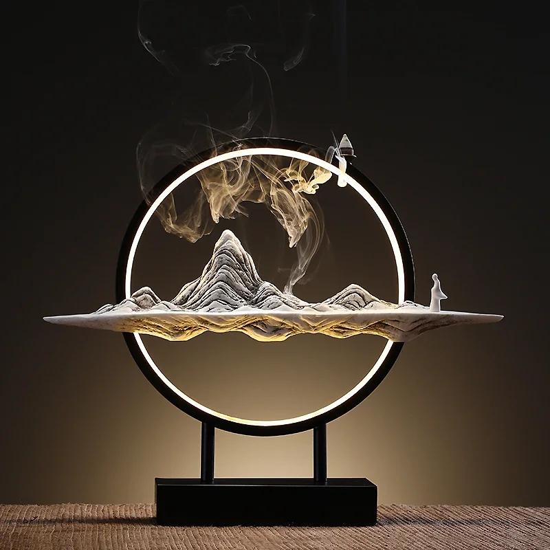 

1Set Chinese Style Mountain Waterfall Ceramic Backflow Incense Burner Round LED Light Incense Censer Home Decor(Without Incense)