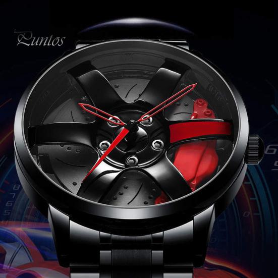 Men Waterproof Sports Car Wheel Hub Design Steel Band Quartz Watch Wristwatch