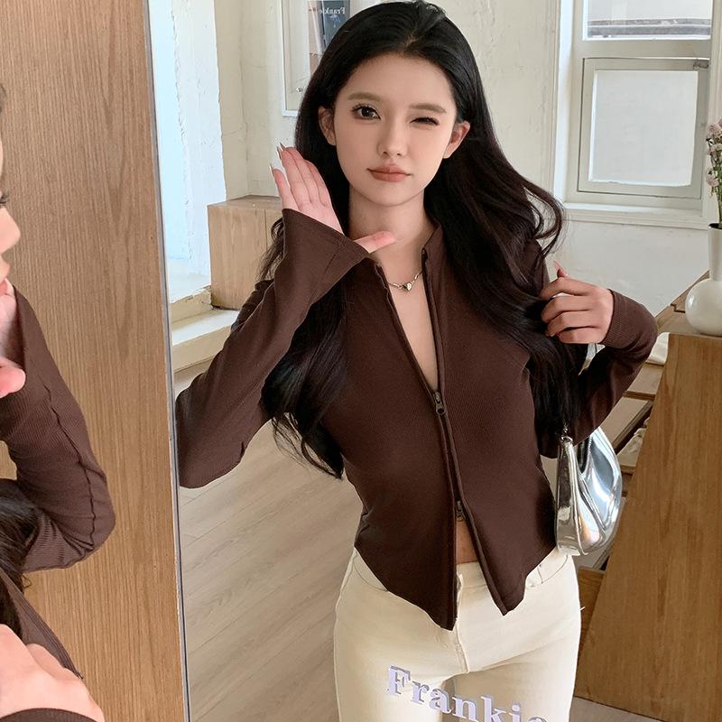 

Women s Slim Fit Stand-Up Collar Double Zipper Jacket - Spring/Autumn Long Sleeve Knitted Cardigan S for 80-95 jin кофейный