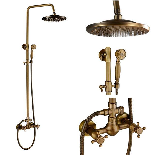 Antique Bathroom Rainfall Shower Faucet Set Wall Mount Dual Handle With Handshower Brass Bathroom Shower Mixer Tap