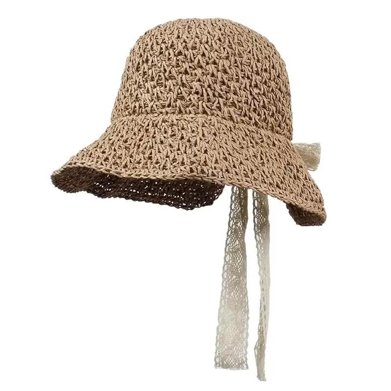 Women's Straw Panama Sun Hat with Lace-Up Bow & Ponytail Hole - Wide Brim Foldable UV Protection Bucket Hat for Beach Travel
