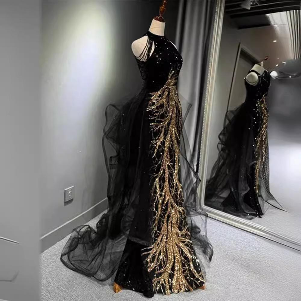 New evening dress black high-end slim temperament celebrity host neck fishtail skirt wedding toast dress summer